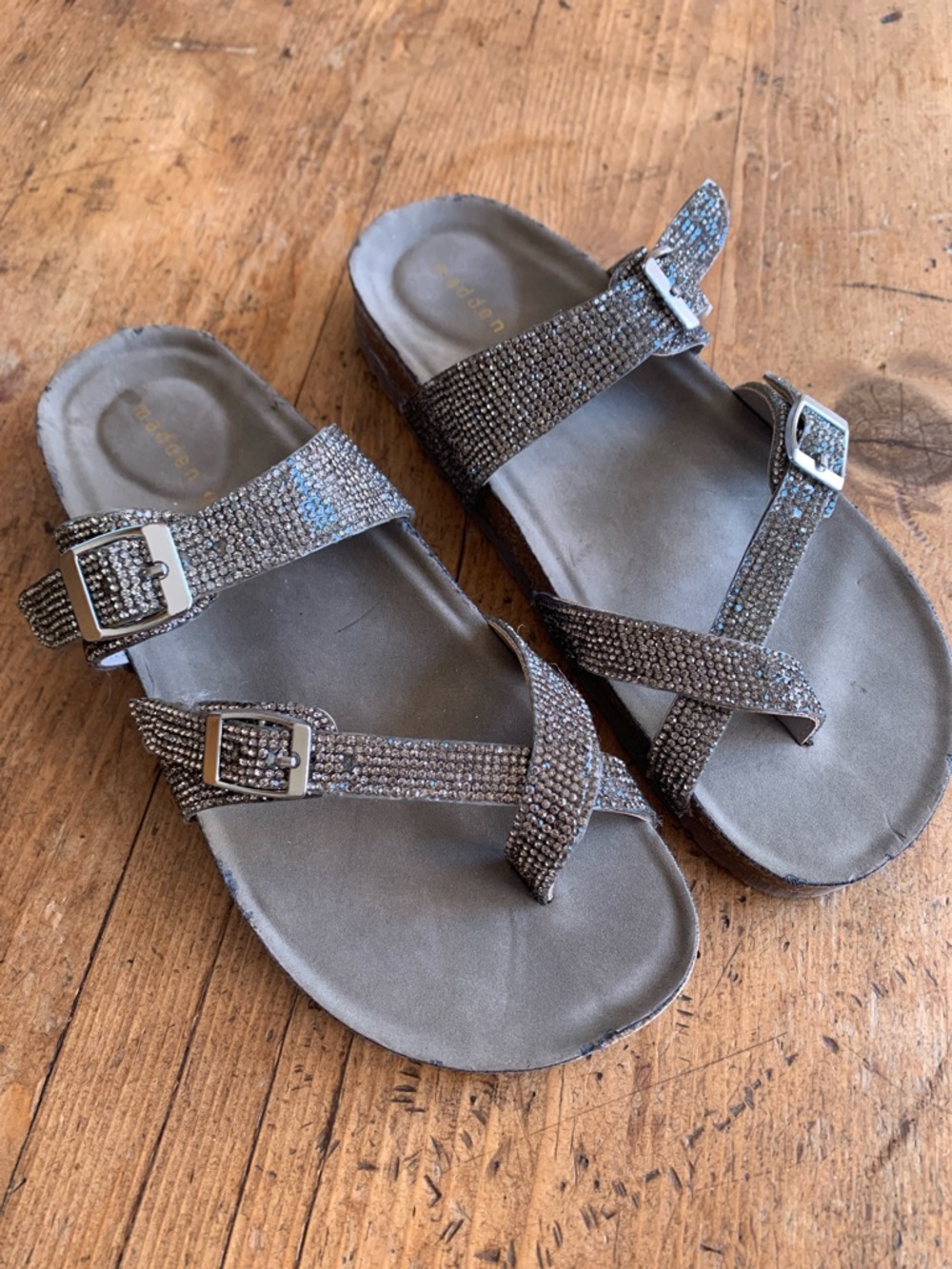 Madden Girl Pewter Rhinestone Slide Sandals